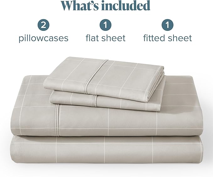Bare Home California King Sheet Set - 1800 Ultra-Soft Microfiber Cal King Bed Sheets - Double Brushed - Deep Pocket - Easy Fit - 4 Piece Set (California King, Grid - Stone/White)
