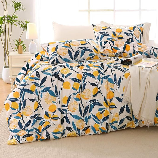 MUXHOMO Lemon Blossom Bed in a Bag Queen 7 Pieces, Queen Comforter Set Reversible Botanical Flowers Design, Ultra Soft & Breathable Bedding Sets with Comforter, Sheets, Pillowcases & Shams