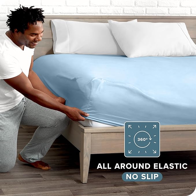 Bare Home Fitted Bottom Sheet King - Premium 1800 Microfiber - Ultra-Soft Wrinkle Free - Deep Pocket - Fitted Sheet (King, Light Blue)