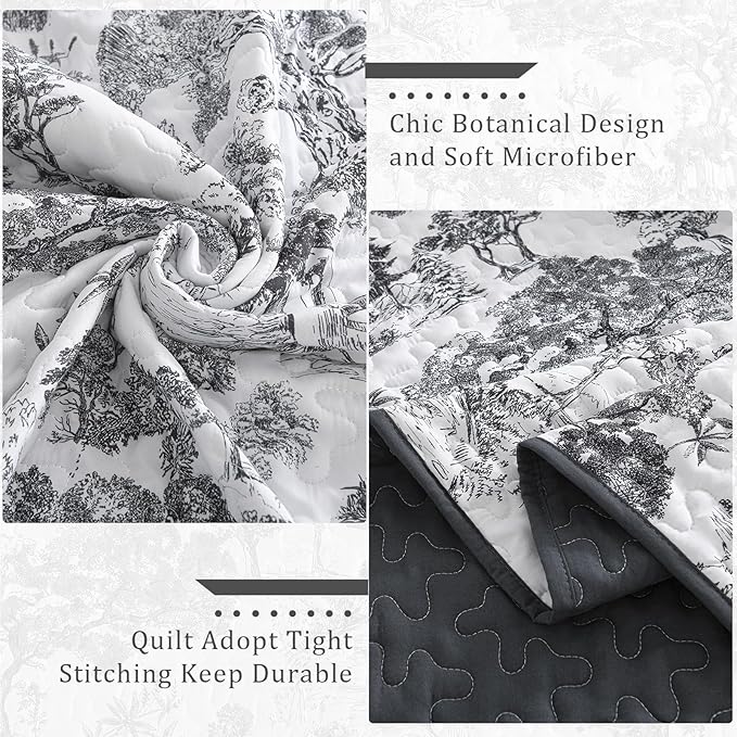 WONGS BEDDING Botanical Quilt Set Queen Size, Black 3 Pieces Toile Floral Plants Printed Bedspread Bedding Set Soft Lightweight Microfiber Coverlet Set for All Season (96"x90")
