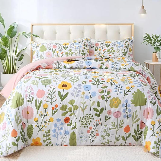 King Comforter Set Pink 3 Pieces Bed in a Bag, Colorful Floral Bedding Sets Elegant Botanical Bed Set, Lightweight Soft Comforter with 2 Pillowcases for All Season