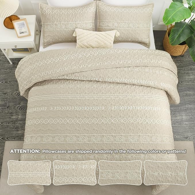 Andency Beige Twin Quilt Set, 2 Pieces Boho Lightweight Soft Striped Bedspread for All Season (68"x86"), Printed Bohemian Microfiber Reversible Coverlet Comoforter Sets