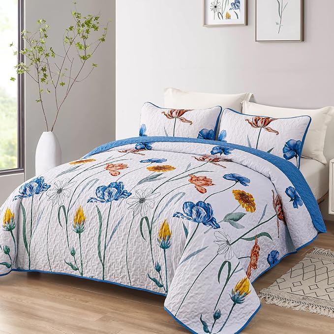 WONGS BEDDING Blue Quilt Set Full Size,Cute Floral Botanical Bedspread Bedding Set with 2 Pillowcase,Lightweight Farmhouse Coverlet Set for All Season (78"x90")