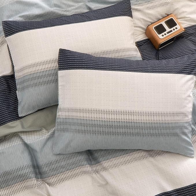 LifeTB 100% Cotton Boy Stripe Duvet Cover Twin White Blue Gray Stripe Comforter Cover Modern Soft Geometric Stripe Bedding Set Simple Style Men Adults Duvet Quilt Cover with 2 Pillowcases
