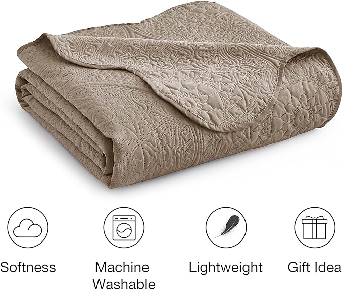 IR Imperial Rooms Queen Quilt Bedding Set Size (90" x 96") + 2 Pillow Shams (20" x 26"+ 2") - 3 Pcs All Season Lightweight Reversible Microfiber Coverlet Floral Embossed Quilt Bedspread (Beige)