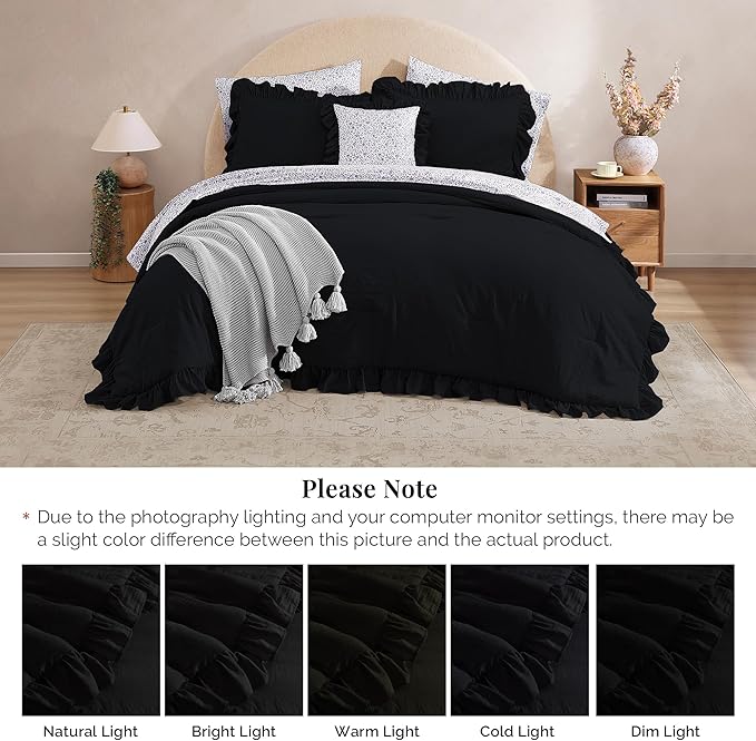 Full Comforter Set - 7 Pieces Ruffle Black Bedding Sets, Shabby Chic Farmhouse Bed in a Bag Full with Ruffle Comforter, Floral Sheets, Pillowcases & Shams