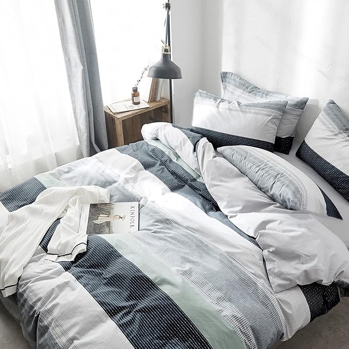 VM VOUGEMARKET Striped Duvet Cover Full,3 Pieces Blue Gray Duvet Cover Sets-100% Cotton Modern Simple Comforter Cover with Zipper for Teens Boys Men-80x90 Inch
