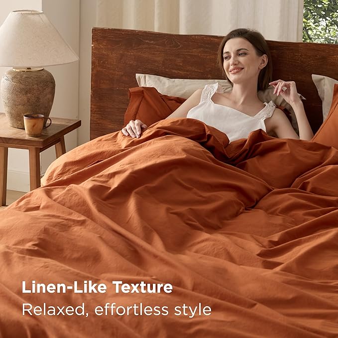 Bedsure 100% Washed Cotton Duvet Cover King Size - Burnt Orange Minimalist Cotton Duvet Cover Linen Like for All Seasons - GentleSoft™ Plain Simple Bedding (Burnt Orange, King, 104"x90")