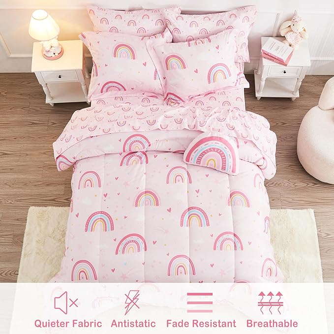 Mooreeke Bed in a Bag for Kids Girls Teens, 8 Pieces Full Size Comforter Bed Set with Shams, Sheet Set and Decorative Toy Pillow, Rainbow Pink Super Soft Microfiber Kids Comforter Bedding Set