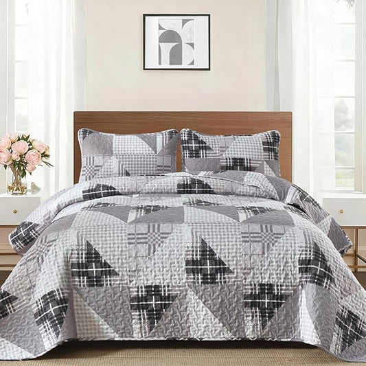 Annibedding Patchwork Quilt Set King Size, Grey Geometric Bedspread Plaid Patchwork Bedding Set for All Season, Soft Lightweight Bedspread with Wave Quilting (King, 110''x90'')