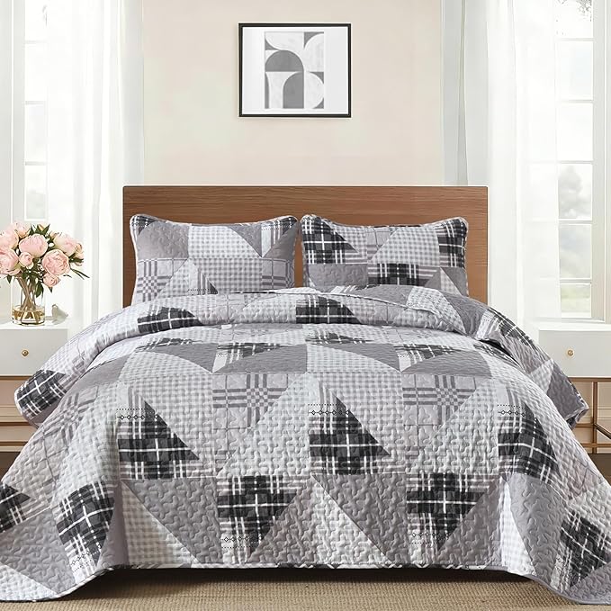 Annibedding Grey Quilt Set Queen Size, Geometric Patchwork Bedspread Coverlet Set with 2 Pillow Shams, Soft Microfiber Country Bedding Set for All Season (Queen, 96''x90'')