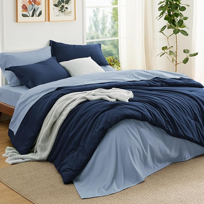 Bedsure Twin Comforter Set - 5 Pieces Navy Twin Bedding Set for All Seasons, Boho Contrasting Design Bed in a Bag with Comforter, Sheets, Pillowcase & Sham