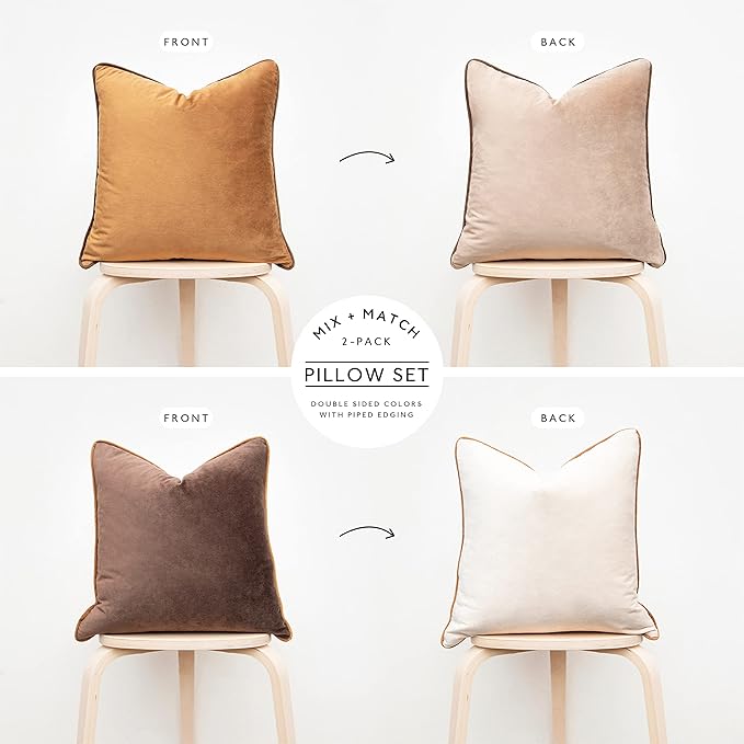 MONDAY MOOSE Decorative Throw Pillow Covers Cushion Cases, Set of 2 Soft Velvet Modern Double-Sided Designs, Mix and Match for Home Decor, Pillow Inserts Not Included (16x16 inch, Brown/Beige)