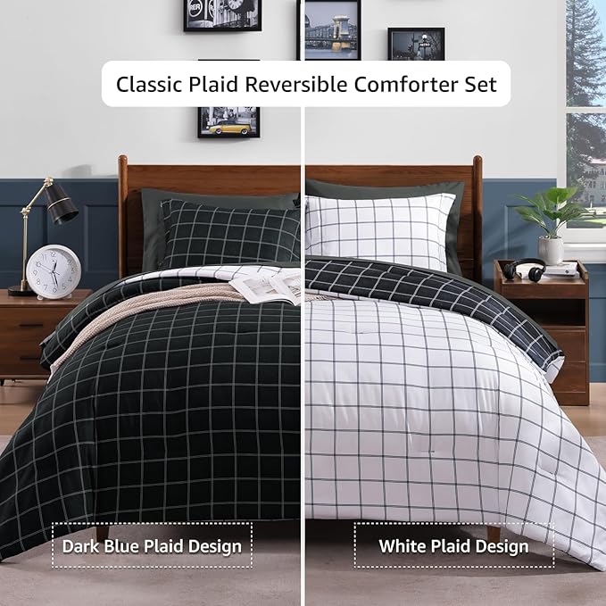 Plaid Queen Comforter Set Black, Reversible Checkered Bedding Set 7 Pieces for Boys Girls Teen, Lightweight Bed in a Bag for Dorm with Sheets, Pillowcases & Shams
