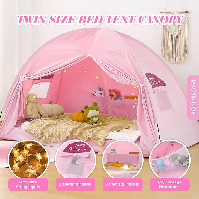 Twin Bed Tent for Girls, Indoor Blackout Sleeping Tent with Dreamy Canopy, Breathable Privacy Bunk Beds, Ideal for Drafty Rooms or Cottage-Style Spaces, Pink