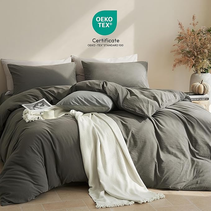JELLYMONI Duvet Cover Queen Size - Washed Cotton Comforter Cover with Linen-Like Texture,Breathable & Soft Bedding for Modern Home,Guest Room and Everyday Use,Dark Grey 1 Duvet Cover & 2 Pillowcases