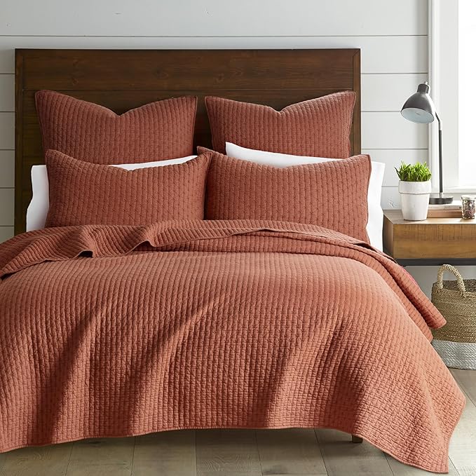 Levtex Home Cross Stitch Reversible Full/Queen Quilt Set (88x92in) with 2 Pillow Shams (26x20in) - Stitch Texture - Adobe - Cotton Full/Queen Size Quilt Bedding Set - Lightweight, Soft, Pre-Washed