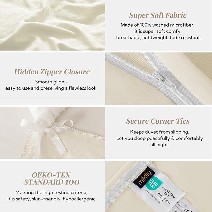 MILDLY Super Soft Duvet Cover - 100% Washed Microfiber Beige Comforter Cover Set 3 Pieces with Zipper Closure & Corner Ties (No Comforter)