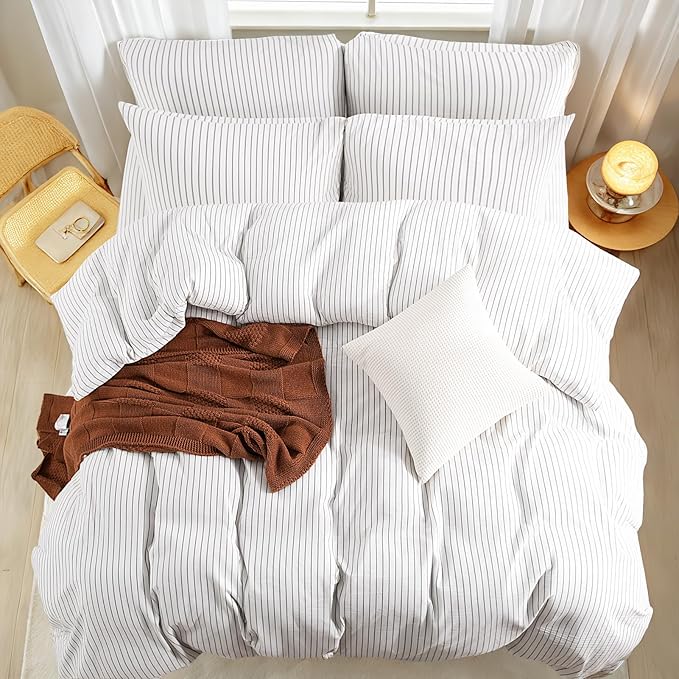NEXHOME PRO Striped Duvet Cover Oversized Queen,100% Washed Cotton Bedding Set,Textured Linen Feel,Breathable,Organic,3 Piece(Grey Stripes 98x98)