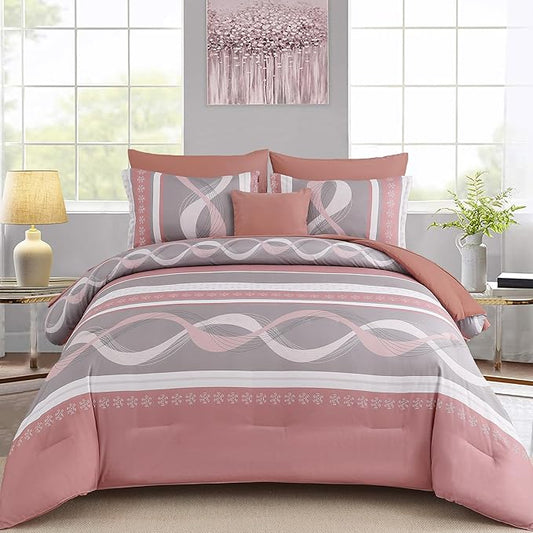 Anibedding Comforter Set King Size,8 Pieces Pink Boho Bed in a Bag Patchwork Striped Comforter Set, Soft Microfiber Bedding Set for All Season(104"×90")