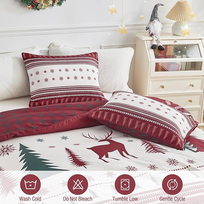 Lekesky Christmas Duvet Cover Queen Size,3 Pieces Reversible Red Plaid Reindeer Snowflake Holiday Bedding Set with Zipper Closure and Corner Ties(1 Duvet Cover 90x90 inches + 2 Pillowcases)