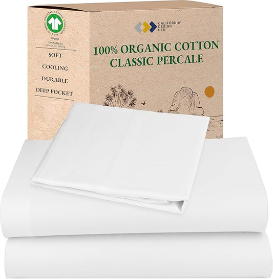 California Design Den Twin XL Sheets Set - Soft 100% Organic Cotton Sheets with Deep Pockets, Crisp Percale, Breathable and Durable Bedding Set for Dorms, Hospitals - White