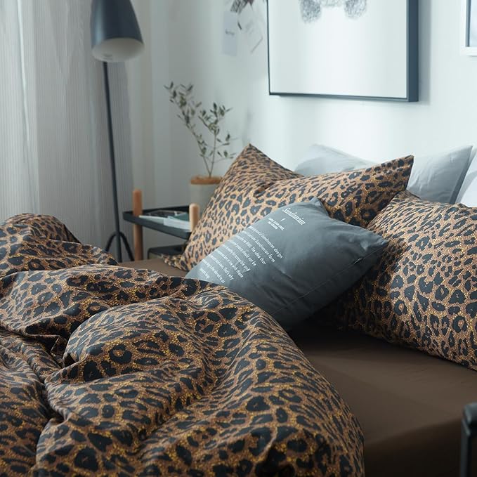 LifeTB Cotton Leopard Print Duvet Cover Queen Bedding Set Luxury Soft 100% Long Staple Cotton Duvet Cover Boho Leopard Pattern Comforter Cover 3 Pieces Modern Style Bedding Duvet Cover Set