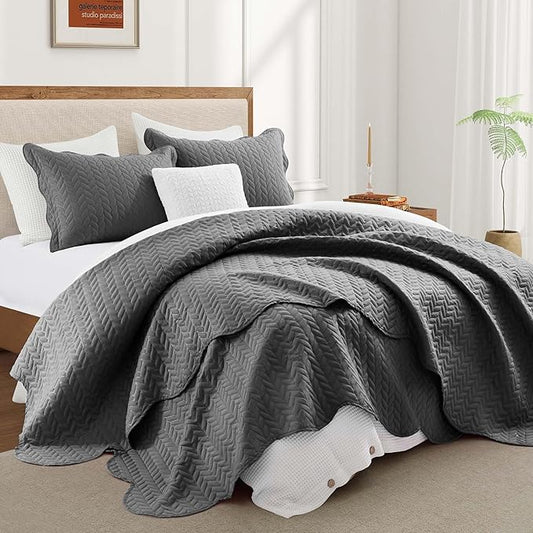 IR Imperial Rooms California King Quilt Bedding Set Size (118"x106") + 2 Pillow Shams (20" x 36"+ 2") - 3 Pcs All Season Reversible Microfiber Coverlet Embossed Quilt Bedspread (Grey)