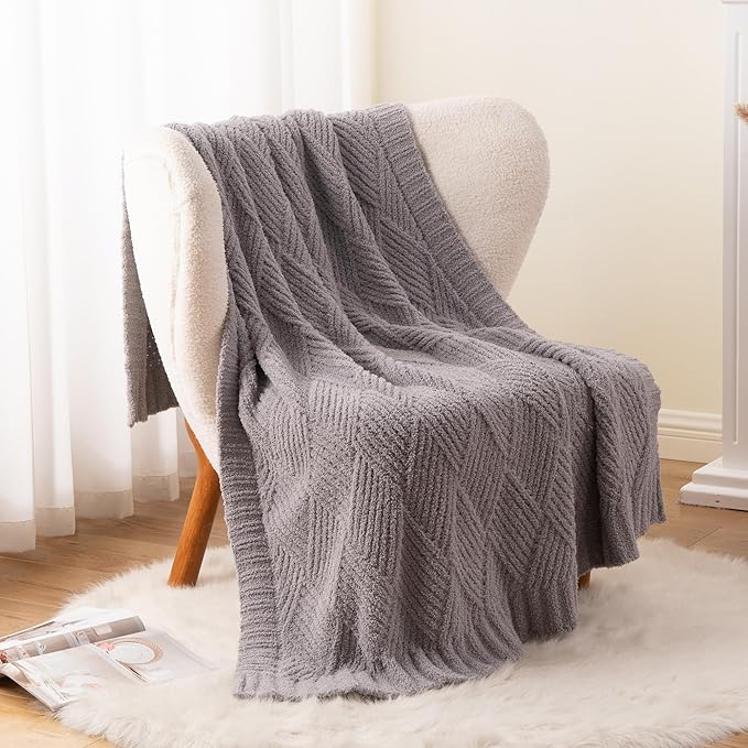 Battilo Grey Diamond Knit Throw Blanket for Couch and Bed, Soft Textured Chenille Blanket, Cozy Lightweight Decorative Blanket for Sofa, 50"x60"