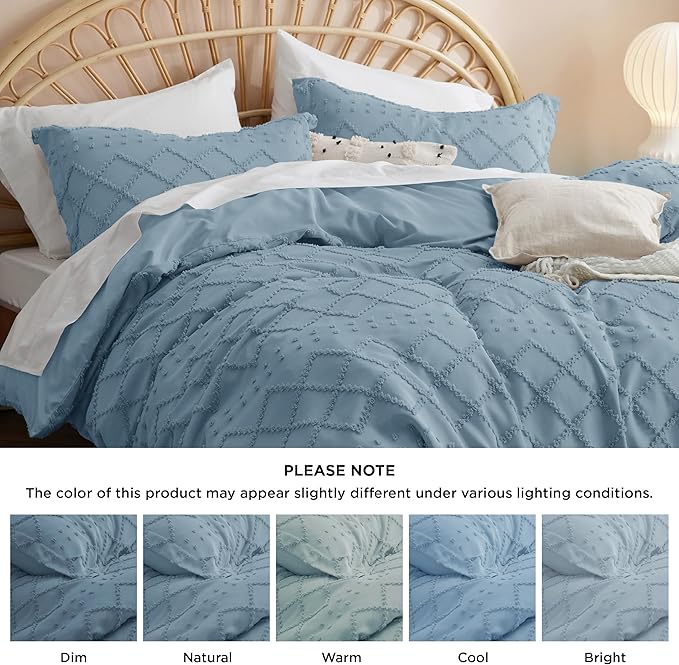 Bedsure Boho Cal King Duvet Cover - Mineral Blue Breathable & Soft Boho Bedding, Machine Washable Comforter Cover for All Seasons, Includes 1 Duvet Cover 104"x98" with 2 Pillow Shams & Zipper Closure