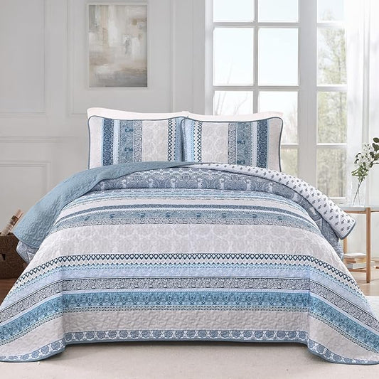 WONGS BEDDING Boho Quilt Set California King Size, Blue Bohemian 3 Pieces Quilt Sets, Lightweight Bedspread Coverlet Bedding Set for All Season (106"x96")