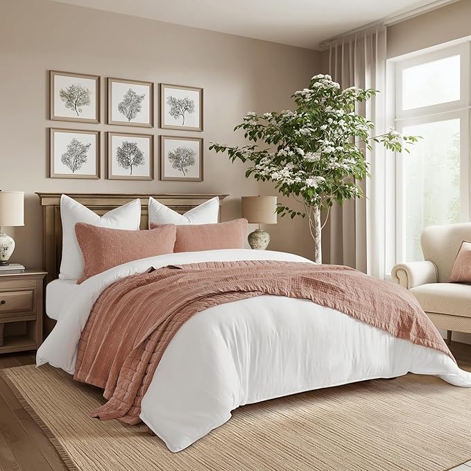 EVERGRACEHOME Stonewashed Cotton Quilt Set Full Queen Size, Ultra Soft Oversized Bedspread Coverlet Set, Lightweight Crinkle Box Stitch Bedding Sets for All Season, with 2 Shams, Terracotta Clay