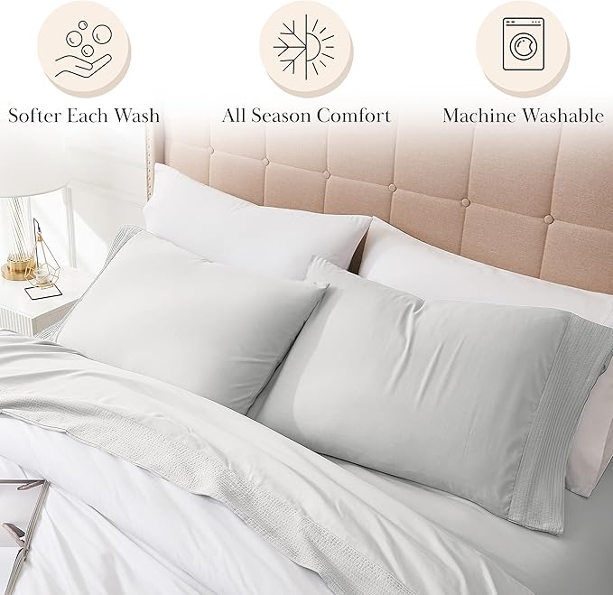 Southshore Fine Living, Inc. Pleated Hem, 21-Inch Extra Deep Pocket King Sheet Set, 4 - Piece King Size Sheets with Decorative Hem, Embroidered Detail, Easy Care Pet Hair Resistant Sheets, Light Grey