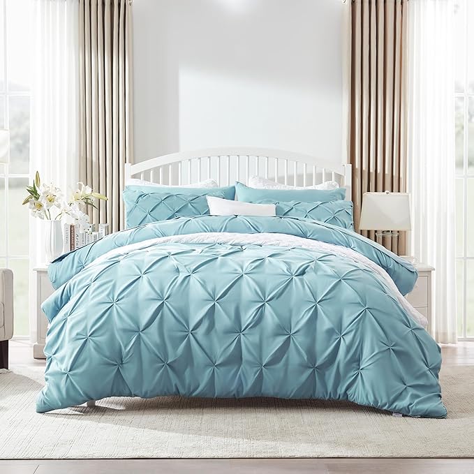 Fluffy Comforter Queen Set, 7 Pieces Pinch Pleat Design Bedding Set, Down Alternative Comforter with 2 Pillow Shams, 2 Pillowcases, 1 Flat Sheet, 1 Fitted Sheet (Stone Blue Pinch Pleat, Queen)