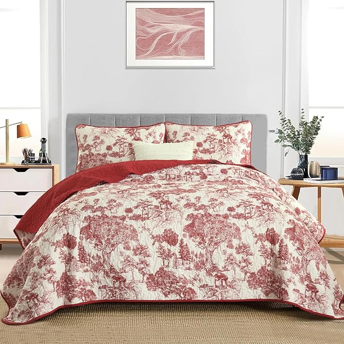 WONGS BEDDING Botanical Quilt Set Queen Size, Red 3 Pieces Floral Plants Printed Bedspread Bedding Set Christmas Soft Lightweight Microfiber Coverlet Set for All Season (96"x90")