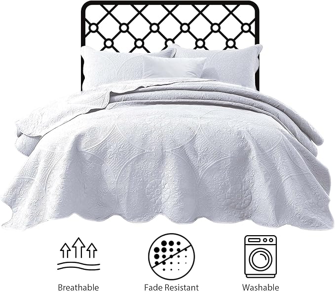 IR Imperial Rooms California King Quilt Bedding Set Size (118"x106") + 2 Pillow Shams (20" x 36"+ 2") - 3 Pcs All Season Reversible Microfiber Coverlet Embossed Floral Quilt Bedspread (White)