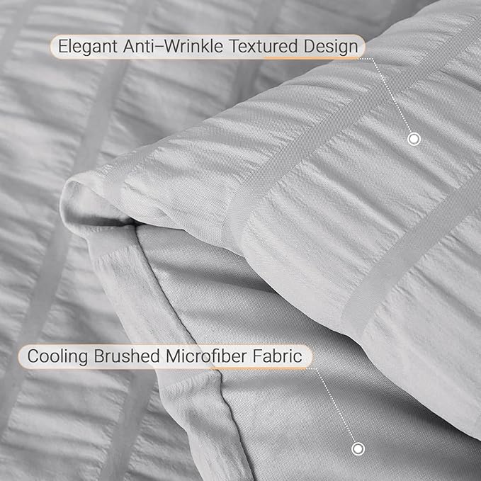 MUXHOMO 7 Pieces Queen Comforter Set, Seersucker Bed in a Bag Queen Size, All Season Luxury Bedding Set with Comforter, Flat Sheet, Fitted Sheet, Pillowcases & Shams, Light Grey