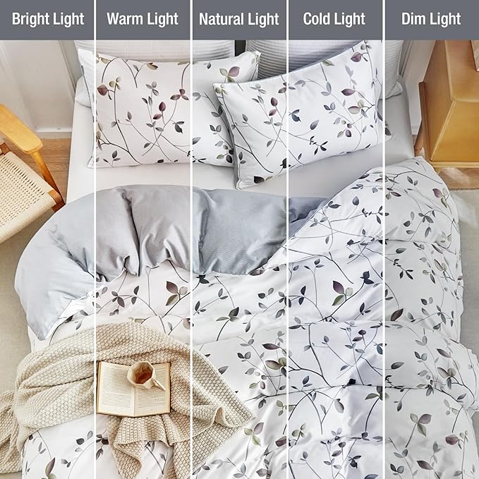 Lekesky Reversible Duvet Cover King Size, White Grey Tree Branch Pattern Comforter Cover King 3pc Super Soft Microfiber Breathable Botanical Bedding Sets with Zipper Ties