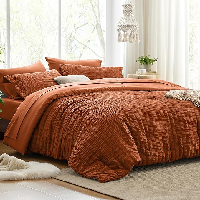 Love's cabin Seersucker Terracotta Twin Comforter Set, 5-Piece All Season Lightweight Bed in a Bag Bedding Set with Comforter, Flat Sheet, Fitted Sheet, Pillowcase and Sham | Soft, Breathable, Lightweight