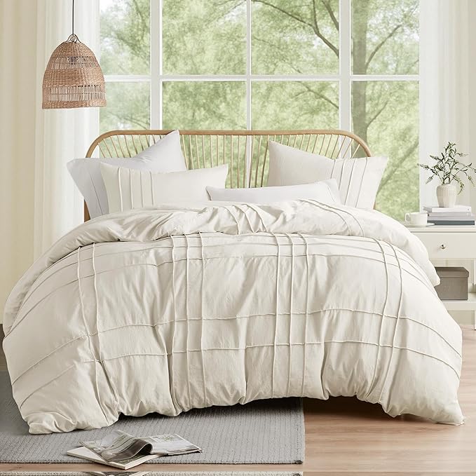 Comfort Spaces Cream King Size Duvet Cover Set - 3 Pieces Pintuck Pleated Duvet Cover, All Season Lightweight, Extra Softness Pre-Washed Microfiber King Bedding Cover Shams