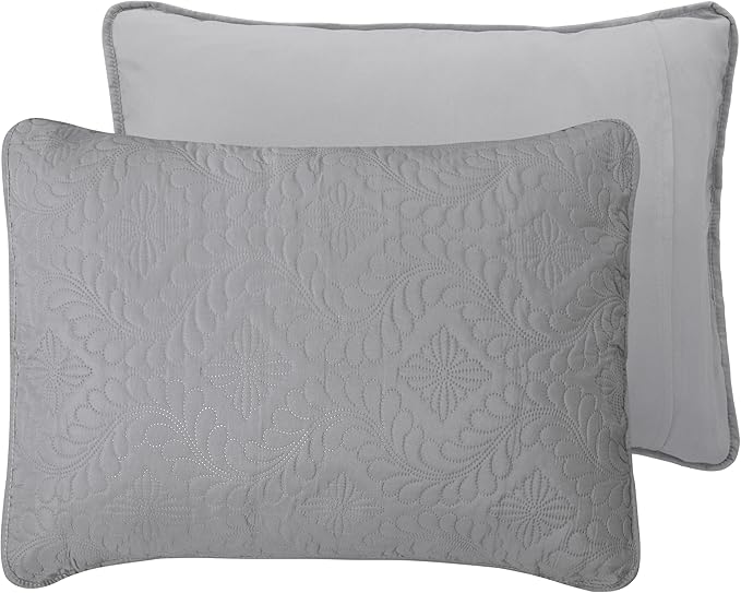 Easy-Going Twin Size Reversible Quilt Set with 1 Quilt and 1 Pillow Sham, Soft Bed Quilt Cover, Water Resistant Lightweight Microfiber Bedspread, Stain Resistant, Olive Leaf-Light Gray/Ivory