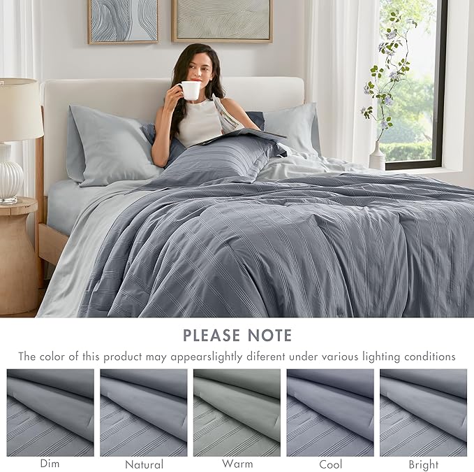 Madison Park Essentials Striped Comforter Set Twin, 5 Pieces Modern Minimalist Jacquard Bedding Set for All Season, Bed in A Bag with Sheet Set and Soft Brushed Reverse, Lightweight Blue/Grey