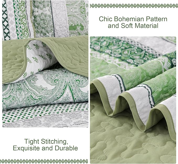 WONGS BEDDING Boho Quilt Set King Size, Green Bohemian 3 Pieces Quilt Sets, Lightweight Bedspread Coverlet Bedding Set for All Season (104"x90")