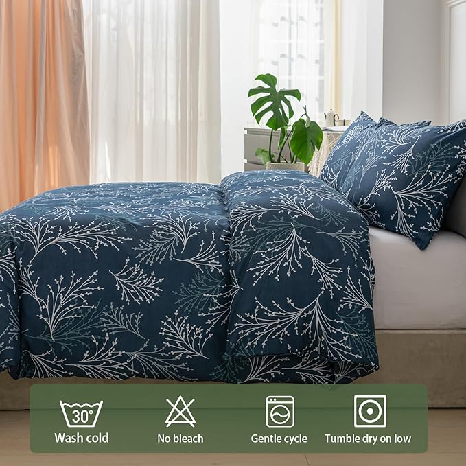 Lekesky Reversible Duvet Cover King Size, Navy Blue White Branch Comforter Cover King 3pcs Microfiber Botanical Bedding Set with Zipper Closure Corner Ties