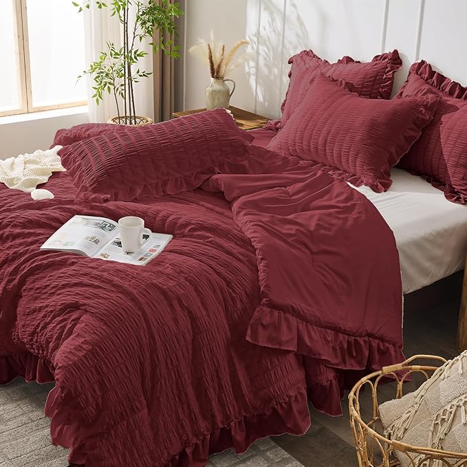JOLLYVOGUE Full Size Comforter, 3 Pieces Burgundy Seersucker Lightweight Full Size Bedding, All Season Fluffy Microfiber Bedding Comforter Set with 1 Ruffle Comforter and 2 Ruffle Pillowshams