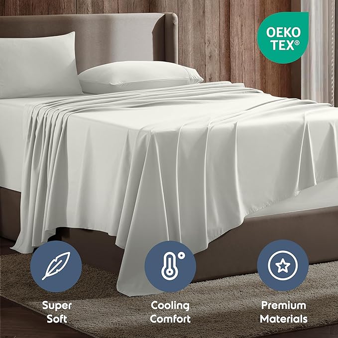 Nestl Bed Linen Set - Short Queen 4Piece Sheet Set, Microfiber, Off White, Lightweight, Breathable, Wrinkle Free