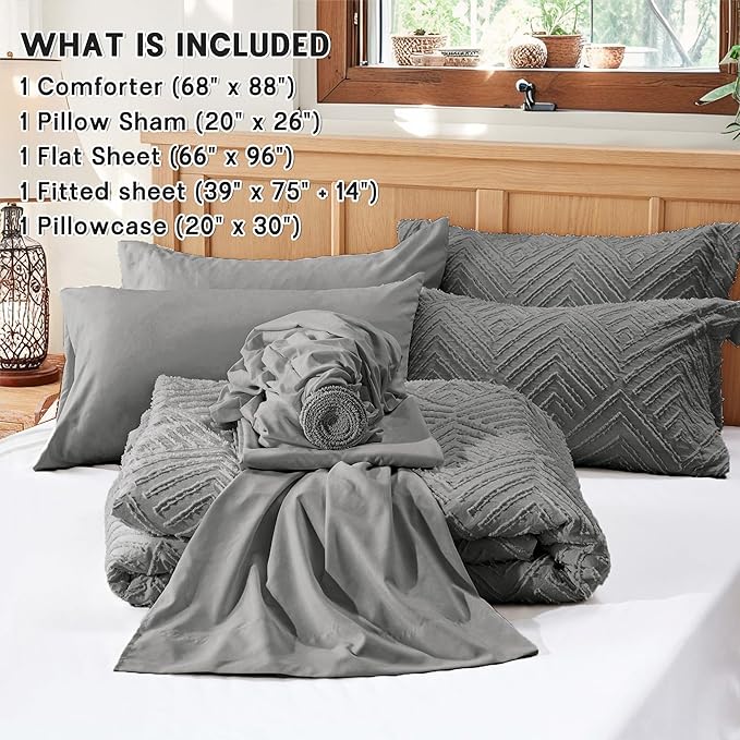Zzlpp Twin Comforter Set 5 Pieces, Dark Grey Tufted Bed in a Bag with Comforter and Sheets, All Season Boho Bedding Sets with 1 Comforter, 1 Pillow Sham, 1 Pillowcase, 1 Flat Sheet, 1 Fitted Sheet