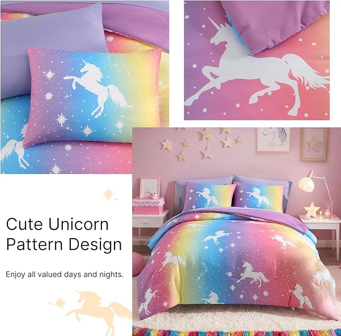 Full Comforter Set for Girls Kids - 7 Pieces Rainbow Unicorn Full Size Bedding Sets for Kids, Soft Cozy Bed in A Bag with Sheets