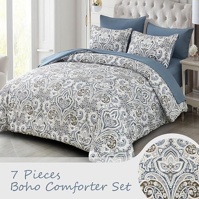 Drucon Blue Paisley Comforter Set Full,7 Pieces Bed in a Bag Comforter Boho Paisley Pattern Bedding Set Soft Microfiber(1 Comforter,1 Flat Sheet, 1 Fitted Sheet,2 Pillowcases, 2 Pillow Shams)
