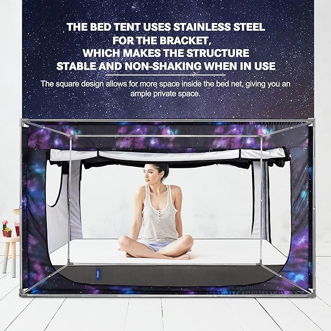 Twin Bed Canopy Portable Blackout Bed Tent Privacy Tent for Adult Indoor Sleeping with 3 Doors, Storage Bag, Galaxy
